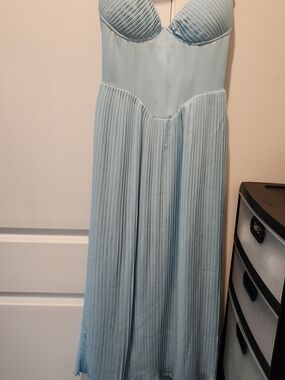 Light Blue Pleated Strapless Maxi Dress